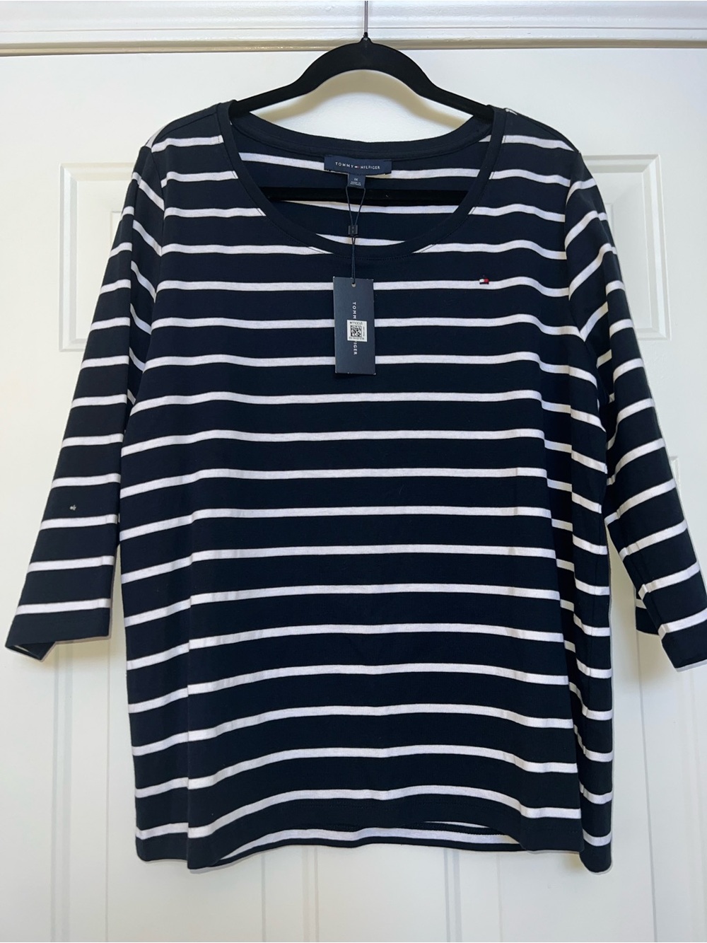Tommy Hilfiger Navy and White Striped Scoop Neck Long Sleeve Tee
